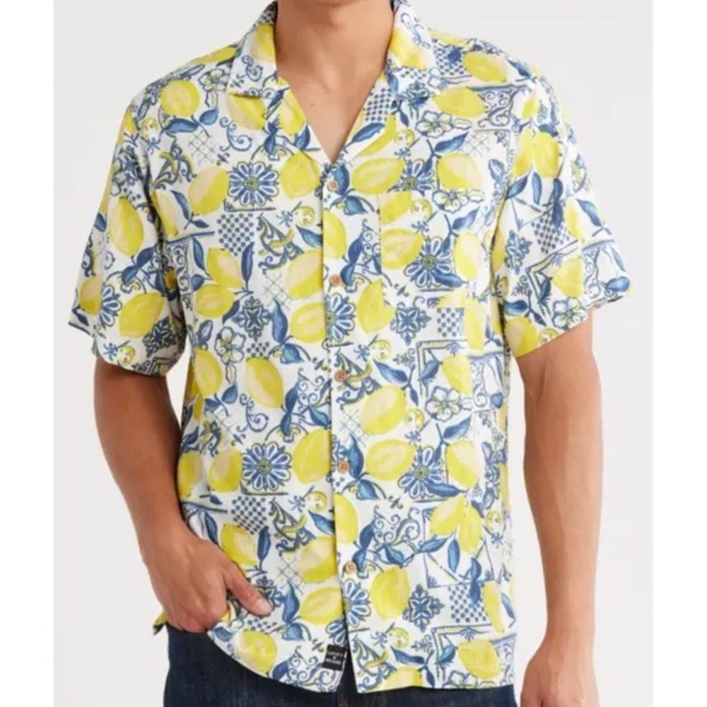 New $70 Lucky Brand Shirt Short Sleeve Button Slubbed Lemons Beachy Mens Size XL